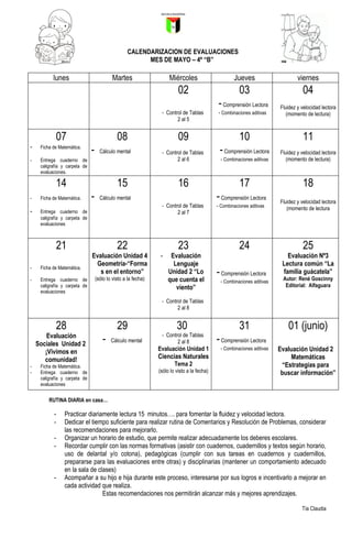 CALENDARIZACION DE EVALUACIONES
                                                         MES DE MAYO – 4º “B”

           lunes                            Martes                   Miércoles                       Jueves                       viernes
                                                                          02                            03                          04
                                                                                              - Comprensión Lectora       Fluidez y velocidad lectora
                                                                 - Control de Tablas          - Combinaciones aditivas       (momento de lectura)
                                                                        2 al 5


            07                                08                          09                            10                          11
-    Ficha de Matemática.
                               -     Cálculo mental              - Control de Tablas          - Comprensión Lectora       Fluidez y velocidad lectora
-    Entrega cuaderno de                                                2 al 6                 - Combinaciones aditivas      (momento de lectura)
     caligrafía y carpeta de
     evaluaciones.

            14                                15                          16                            17                          18
-    Ficha de Matemática.      -     Cálculo mental                                          - Comprensión Lectora        Fluidez y velocidad lectora
                                                                 - Control de Tablas         - Combinaciones aditivas        (momento de lectura
-    Entrega cuaderno de                                                2 al 7
     caligrafía y carpeta de
     evaluaciones



            21                                22                          23                            24                          25
                               Evaluación Unidad 4               -    Evaluación                                             Evaluación Nº3
                                Geometría-“Forma                       Lenguaje                                            Lectura común “La
-    Ficha de Matemática.
                                  s en el entorno”
                                   (sólo lo visto a la fecha)
                                                                     Unidad 2 “Lo            - Comprensión Lectora         familia guácatela”
                                                                                                                           Autor: René Goscinny
-    Entrega cuaderno de                                             que cuenta el             - Combinaciones aditivas
     caligrafía y carpeta de                                            viento”                                             Editorial: Alfaguara
     evaluaciones
                                                                 - Control de Tablas
                                                                        2 al 8


            28                                29                         30                             31                   01 (junio)
        Evaluación                                               - Control de Tablas
    Sociales Unidad 2
                                      -    Cálculo mental               2 al 8               - Comprensión Lectora
       ¡Vivimos en                                              Evaluación Unidad 1            - Combinaciones aditivas   Evaluación Unidad 2
       comunidad!                                               Ciencias Naturales                                            Matemáticas
-    Ficha de Matemática.                                               Tema 2                                             “Estrategias para
-    Entrega cuaderno de                                        (sólo lo visto a la fecha)                                 buscar información”
     caligrafía y carpeta de
     evaluaciones


         RUTINA DIARIA en casa…

           -    Practicar diariamente lectura 15 minutos…. para fomentar la fluidez y velocidad lectora.
           -    Dedicar el tiempo suficiente para realizar rutina de Comentarios y Resolución de Problemas, considerar
                las recomendaciones para mejorarlo.
           -    Organizar un horario de estudio, que permite realizar adecuadamente los deberes escolares.
           -    Recordar cumplir con las normas formativas (asistir con cuadernos, cuadernillos y textos según horario,
                uso de delantal y/o cotona), pedagógicas (cumplir con sus tareas en cuadernos y cuadernillos,
                prepararse para las evaluaciones entre otras) y disciplinarias (mantener un comportamiento adecuado
                en la sala de clases)
           -    Acompañar a su hijo e hija durante este proceso, interesarse por sus logros e incentivarlo a mejorar en
                cada actividad que realiza.
                                Estas recomendaciones nos permitirán alcanzar más y mejores aprendizajes.

                                                                                                                                    Tía Claudia
 