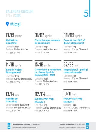 5
Centrul regional Bucureşti: 0726.684.282
cristina.tirulnic@evolutivconsultants.ro
Centrul regional Iaşi: 0742. 951. 687
sorina.andron@evolutivconsultants.ro
CALENDAR CURSURI
OPEN #2016
18/19 martie
Abilităţi de
Coaching
Locaţie: Iaşi
Trainer: Delia Andrieş
Preţ: 220 € + TVA
01/02 aprilie
Codul bunelor maniere
de prezentare
Locaţie: Iaşi
Trainer: Letiţia Lucescu
Preţ: 220 € + TVA
08/09 aprilie
Cum să vinzi fără să
discuţi despre preţ
Locaţie: Iaşi
Trainer: Cezar Gumeni
Preţ: 220 € + TVA
14/16 aprilie
Evolutiv Project
Management
Locaţie: Iaşi
Trainer: Gogu Ştefănescu
Preţ: 330 € + TVA
15/16 aprilie
Comunicare şi relaţionare
cu diverse tipuri de
personalitate - MBTI
Locaţie: Iaşi
Trainer: Delia Andrieş
Preţ: 220 € + TVA
27/28 mai
Negociatorul - profil şi
comportamente
Locaţie: Iaşi
Trainer: Cezar Gumeni
Preţ: 220 € + TVA
#Iaşi
02/04 iunie
Evolutiv PMP Prep
#Modulul 1
Locaţie: Iaşi
Trainer: Gogu Ştefănescu
Preţ: 330 € + TVA
13/14 mai
Abilităţi de
Coaching
Locaţie: Iaşi/Bucureşti
Trainer: Letiţia Lucescu
Preţ: 220 € + TVA
10/11 iunie
Evolutiv PMP Prep
#Modulul 2
Locaţie: Iaşi
Trainer: Gogu Ştefănescu
Preţ: 220 € + TVA
 