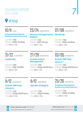 7
Centrul regional Bucureşti: 0726.684.282
cristina.tirulnic@evolutivconsultants.ro
Centrul regional Iaşi: 0742. 951. 687
sorina.andron@evolutivconsultants.ro
CALENDAR CURSURI
OPEN #2016
21/22 octombrie
Leadership
Locaţie: Iaşi
Trainer: Gigi Andrieş
Preţ: 220 € + TVA
27/29 octombrie
Evolutiv Project
Management
Locaţie: Iaşi
Trainer: Gogu Ştefănescu
Preţ: 330 € + TVA
03/05 noiembrie
Evolutiv PMP Prep
#Modulul 1
Locaţie: Iaşi
Trainer: Gogu Ştefănescu
Preţ: 330 € + TVA
11/12 noiembrie
Evolutiv PMP Prep
#Modulul 2
Locaţie: Iaşi
Trainer: Gogu Ştefănescu
Preţ: 220 € + TVA
11/12 noiembrie
Gândire strategică
Locaţie: Iaşi
Trainer: Gigi Andrieş
Preţ: 220 € + TVA
10/11 iunie
Simularea financiară de
business Income/Outcome
Locaţie: Iaşi
Trainer: Delia Andrieş
Preţ: 220 € + TVA
23/24 septembrie
Stresul şi managementul
timpului
Locaţie: Iaşi
Trainer: Dan Pricop
Preţ: 220 € + TVA
07/08 octombrie
Mentoring
Locaţie: Iaşi
Trainer: Delia Andrieş
Preţ: 220 € + TVA
25/26 noiembrie
Simularea financiară de
business Income/Outcome
Locaţie: Iaşi
Trainer: Delia Andrieş
Preţ: 220 € + TVA
#Iaşi
 