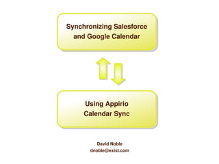 Synchronizing Salesforce
  and Google Calendar




     Using Appirio
     Calendar Sync



          David Noble
       dnoble@exist.com
 