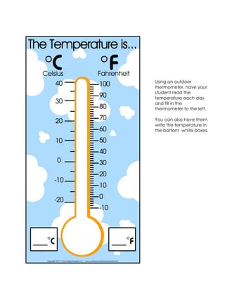 Using an outdoor
thermometer, have your
student read the
temperature each day
and fill in the
thermometer to the left.

Yo...