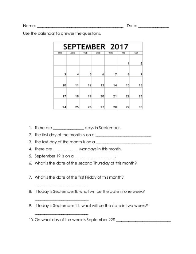 calendar worksheets
