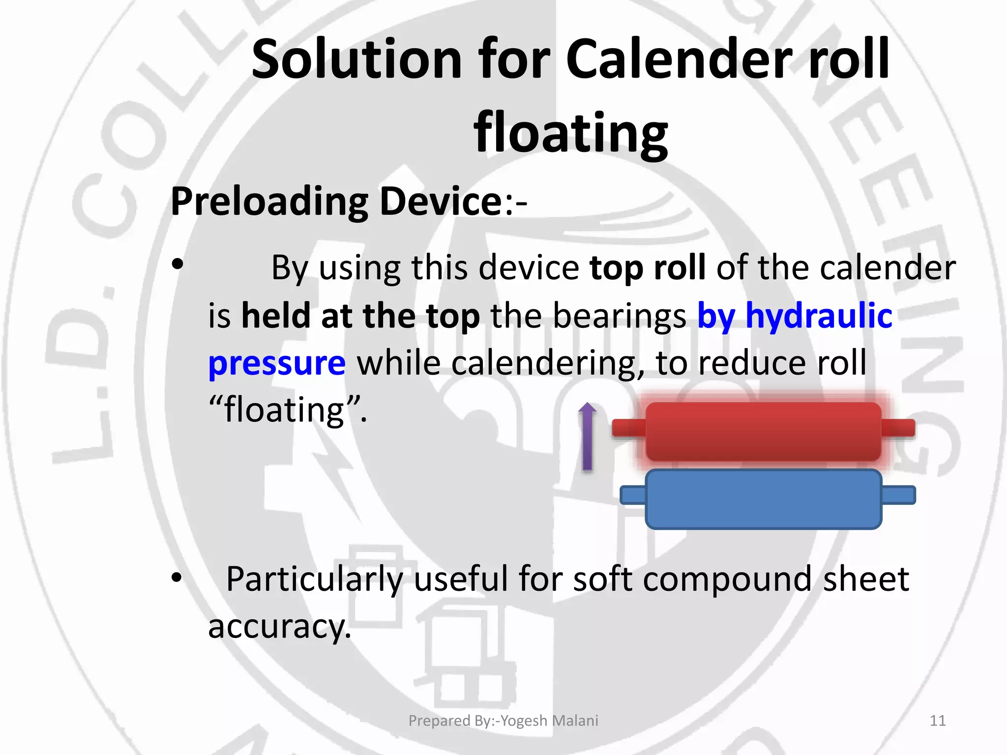 Solution for Calender roll
floating
Preloading Device:-
• By using this device top roll of the calender
is held at the top the bearings by hydraulic
pressure while calendering, to reduce roll
“floating”.
• Particularly useful for soft compound sheet
accuracy.
11Prepared By:-Yogesh Malani
 