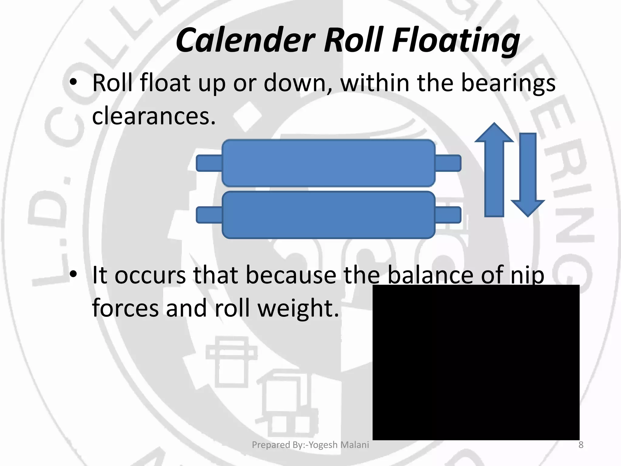 Calender Roll Floating
• Roll float up or down, within the bearings
clearances.
• It occurs that because the balance of nip
forces and roll weight.
8Prepared By:-Yogesh Malani
 