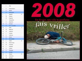 En février, ton vélo tu gonfleras fais vriller 2008   Romain M 28   Honorine M 27 9 Nestor L 26   Roméo D 25   Modeste S 24   Lazare V 23   Isabelle J 22   Cendres M 21   Mardi-Gras M 20 8 Gabin L 19   Bernadette D 18   Alexis S 17   Julienne V 16   Claude J 15   Valentin M 14   Béatrice M 13 7 Félix L 12   N.-D. Lourdes D 11   Arnaud S 10   Appoline V 9   Jacqueline J 8   Eugénie M 7   Gaston M 6 6 Agathe L 5   Véronique D 4   Blaise S 3   Présentation V 2   Ella J 1 