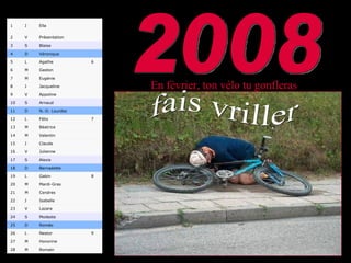 En février, ton vélo tu gonfleras fais vriller 2008   Romain M 28   Honorine M 27 9 Nestor L 26   Roméo D 25   Modeste S 24   Lazare V 23   Isabelle J 22   Cendres M 21   Mardi-Gras M 20 8 Gabin L 19   Bernadette D 18   Alexis S 17   Julienne V 16   Claude J 15   Valentin M 14   Béatrice M 13 7 Félix L 12   N.-D. Lourdes D 11   Arnaud S 10   Appoline V 9   Jacqueline J 8   Eugénie M 7   Gaston M 6 6 Agathe L 5   Véronique D 4   Blaise S 3   Présentation V 2   Ella J 1 