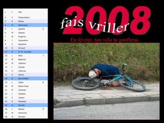 En février, ton vélo tu gonfleras 2008 fais vriller   Romain M 28   Honorine M 27 9 Nestor L 26   Roméo D 25   Modeste S 24   Lazare V 23   Isabelle J 22   Cendres M 21   Mardi-Gras M 20 8 Gabin L 19   Bernadette D 18   Alexis S 17   Julienne V 16   Claude J 15   Valentin M 14   Béatrice M 13 7 Félix L 12   N.-D. Lourdes D 11   Arnaud S 10   Appoline V 9   Jacqueline J 8   Eugénie M 7   Gaston M 6 6 Agathe L 5   Véronique D 4   Blaise S 3   Présentation V 2   Ella J 1 