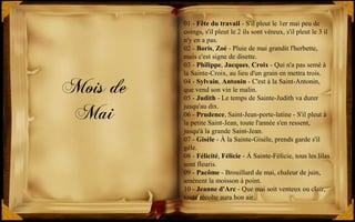 Mois de
Mai
01 - Fête du travail - S'il pleut le 1er mai peu de
coings, s'il pleut le 2 ils sont véreux, s'il pleut le 3 il
n'y en a pas.
02 - Boris, Zoé - Pluie de mai grandit l'herbette,
mais c'est signe de disette.
03 - Philippe, Jacques, Croix - Qui n'a pas semé à
la Sainte-Croix, au lieu d'un grain en mettra trois.
04 - Sylvain, Antonin - C'est à la Saint-Antonin,
que vend son vin le malin.
05 - Judith - Le temps de Sainte-Judith va durer
jusqu'au dix.
06 - Prudence, Saint-Jean-porte-latine - S'il pleut à
la petite Saint-Jean, toute l'année s'en ressent,
jusqu'à la grande Saint-Jean.
07 - Gisèle - À la Sainte-Gisèle, prends garde s'il
gèle.
08 - Félicité, Félicie - À Sainte-Félicie, tous les lilas
sont fleuris.
09 - Pacôme - Brouillard de mai, chaleur de juin,
amènent la moisson à point.
10 - Jeanne d'Arc - Que mai soit venteux ou clair,
toute récolte aura bon air.
 