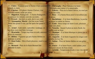 21 - Christophe - Pluie violente à la Saint-
Christophe peut mener à la catastrophe.
22 - Fabrice - Pluie de la Saint-Fabrice, ne rend pas
le paysan riche.
23 - Rose - À la Sainte-Rose pour le travailleur pas
de pause.
24 - Barthélemy - À la Saint-Barthélemy, la perche
au noyer le trident au fumier.
25 - Louis - Beau temps de Saint-Louis, plusieurs
jours sans pluie.
26 - Natacha - Quand il pleut au mois d'août, les
truffes sont au bout.
27 - Monique - À la Saint-Monique te plains pas si
le soleil pique.
28 - Augustin - À la Saint-Augustin les orages sont
proches de leur fin.
29 - Sabine - Pluie de Sainte-Sabine est une grâce
divine.
30 - Fiacre - À la Saint-Fiacre, soleil ardent, pour
huit jours encore du beau temps.
31 - Aristide - Température d'août, à nos vins donne
goût.
11 - Claire - Toujours pour la Sainte-Claire journée
chaude et claire.
12 - Clarisse - S'il pleut à Sainte-Clarisse, c'est
souvent comme vache qui pisse.
13 - Hippolyte, Radegonde - À Sainte-Radegonde,
en moisson les minutes sont des secondes.
14 - Evrard - Qui dort en août, dort à son coût.
15 - Assomption, Muriel - Qui bat avant Notre-
Dame bat quand il veut, qui bat après bat quand il
peut.
16 - Armel - Août mûrit, septembre vendange, en
ces deux mois tout bien s'arrange.
17 - Hyacinthe - Temps trop beau en août, annonce
hiver en courroux.
18 - Hélène - Vigneron qui prie Sainte-Hélène ne
perd pas sa peine.
19 - Jean Eudes - Mois d'août pleureux, rend le cep
vineux.
20 - Bernard - Pluie de la Saint-Bernard fait
déborder la mare.
 