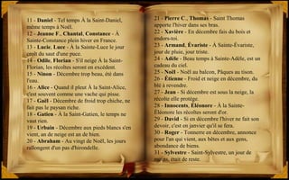 11 - Daniel - Tel temps À la Saint-Daniel,
même temps à Noël.
12 - Jeanne F., Chantal, Constance - À
Sainte-Constance plein hiver en France.
13 - Lucie, Luce - À la Sainte-Luce le jour
croît du saut d'une puce.
14 - Odile, Florian - S'il neige À la Saint-
Florian, les récoltes seront en excédent.
15 - Ninon - Décembre trop beau, été dans
l'eau.
16 - Alice - Quand il pleut À la Saint-Alice,
c'est souvent comme une vache qui pisse.
17 - Gaël - Décembre de froid trop chiche, ne
fait pas le paysan riche.
18 - Gatien - À la Saint-Gatien, le temps ne
vaut rien.
19 - Urbain - Décembre aux pieds blancs s'en
vient, an de neige est an de bien.
20 - Abraham - Au vingt de Noël, les jours
rallongent d'un pas d'hirondelle.
21 - Pierre C., Thomas - Saint Thomas
apporte l'hiver dans ses bras.
22 - Xavière - En décembre fais du bois et
endors-toi.
23 - Armand, Évariste - À Sainte-Évariste,
jour de pluie, jour triste.
24 - Adèle - Beau temps à Sainte-Adèle, est un
cadeau du ciel.
25 - Noël - Noël au balcon, Pâques au tison.
26 - Étienne - Froid et neige en décembre, du
blé à revendre.
27 - Jean - Si décembre est sous la neige, la
récolte elle protège.
28 - Innocents, Éléonore - À la Sainte-
Éléonore les récoltes seront d'or.
29 - David - Si en décembre l'hiver ne fait son
devoir, c'est en janvier qu'il se fera.
30 - Roger - Tonnerre en décembre, annonce
pour l'an qui vient, aux bêtes et aux gens,
abondance de biens.
31 - Sylvestre - Saint-Sylvestre, un jour de
moins, était de reste.
 