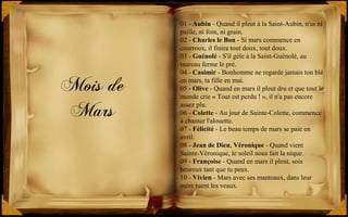 Mois de
Mars
01 - Aubin - Quand il pleut à la Saint-Aubin, n'as ni
paille, ni foin, ni grain.
02 - Charles le Bon - Si mars commence en
courroux, il finira tout doux, tout doux.
03 - Guénolé - S'il gèle à la Saint-Guénolé, au
taureau ferme le pré.
04 - Casimir - Bonhomme ne regarde jamais ton blé
en mars, ta fille en mai.
05 - Olive - Quand en mars il pleut dru et que tout le
monde crie « Tout est perdu ! », il n'a pas encore
assez plu.
06 - Colette - Au jour de Sainte-Colette, commence
à chanter l'alouette.
07 - Félicité - Le beau temps de mars se paie en
avril.
08 - Jean de Dieu, Véronique - Quand vient
Sainte-Véronique, le soleil nous fait la nique.
09 - Françoise - Quand en mars il pleut, sois
heureux tant que tu peux.
10 - Vivien - Mars avec ses manteaux, dans leur
mère tuent les veaux.
 