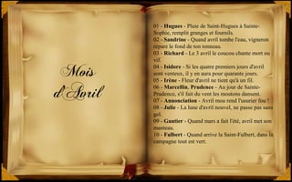 Mois
d'Avril
01 - Hugues - Pluie de Saint-Hugues à Sainte-
Sophie, remplit granges et fournils.
02 - Sandrine - Quand avril tombe l'eau, vigneron
répare le fond de ton tonneau.
03 - Richard - Le 3 avril le coucou chante mort ou
vif.
04 - Isidore - Si les quatre premiers jours d'avril
sont venteux, il y en aura pour quarante jours.
05 - Irène - Fleur d'avril ne tient qu'à un fil.
06 - Marcellin, Prudence - Au jour de Sainte-
Prudence, s'il fait du vent les moutons dansent.
07 - Annonciation - Avril mou rend l'usurier fou !
08 - Julie - La lune d'avril nouvel, ne passe pas sans
gel.
09 - Gautier - Quand mars a fait l'été, avril met son
manteau.
10 - Fulbert - Quand arrive la Saint-Fulbert, dans la
campagne tout est vert.
 