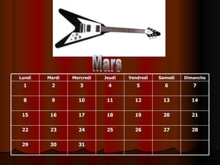 Mars 31 30 29 28 27 26 25 24 23 22 21 20 19 18 17 16 15 14 13 12 11 10 9 8 7 6 5 4 3 2 1 Dimanche Samedi Vendredi Jeudi Mercredi Mardi Lundi 