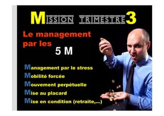 Mission            trimestre3
Le management
par les
           5M
Management par le stress
Mobilité forcée
Mouvement perpétuelle
Mise au placard
Mise en condition (retraite,…)
 