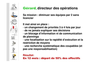 Gérard, directeur des opérations
Sa mission : diminuer ses équipes par 2 sans
licencier

Il met ainsi en place :
- un changement de priorités 3 à 4 fois par jour
- de ne jamais expliquer ses décisions
- un blocage d’information ni de communication
de plannings
- une focalisation sur la rapidité d’exécution et la
restriction de moyens
- une recherche systématique des coupables (et
pas une responsabilisation)

Résultat:
En 12 mois : départ de 50% des effectifs
 