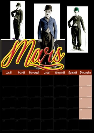 Mars Lundi             Mardi         Mercredi              Jeudi          Vendredi                 Samedi Dimanche
                                                      1                   2                    3                 4



                                                                 Aubin        Charles le Bon          Guénolé             Casimir
5                 6                  7                8                   9                    10                11



          Olive            Colette         Félicité        Jean de Dieu           Françoise            Vivien              Rosine
12                13                 14               15                  16                   17                18



        Rosine           Rodrigue         Mathilde               Louise           Bénédicte            Patrice             Cyrille
19                20                 21               22                  23                   24                25



        Joseph          Printemps         Clémence                 Léa            Victorien          Catherine       Annonciation
26                27                 28               29                  30                   31



        Larissa            Habib          Gontran              Gwladys              Amédée           Benjamin
 