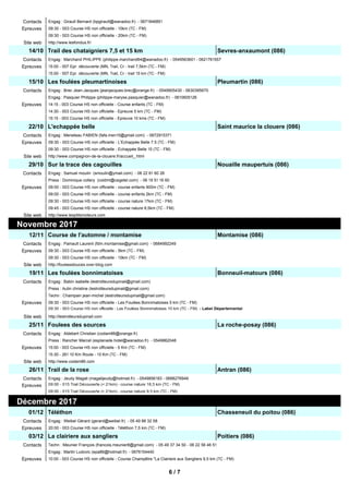 Engag : Girault Bernard (bpgirault@wanadoo.fr) - 0671846851Contacts
09:30 - 003 Course HS non officielle - 10km (TC - FM)Epreuves
09:30 - 003 Course HS non officielle - 20km (TC - FM)
http://www.lesfondus.fr/Site web
14/10 Trail des chataigniers 7,5 et 15 km Sevres-anxaumont (086)
Engag : Marchand PHILIPPE (philippe.marchand64@wanadoo.fr) - 0549563601 - 0621761557Contacts
15:00 - 007 Epr. découverte (MN, Trail, Cr - trail 7,5km (TC - FM)Epreuves
15:00 - 007 Epr. découverte (MN, Trail, Cr - trail 15 km (TC - FM)
15/10 Les foulées pleumartinoises Pleumartin (086)
Engag : Brec Jean-Jacques (jeanjacques.brec@orange.fr) - 0549905430 - 0630395670Contacts
Engag : Pasquier Philippe (philippe-maryse.pasquier@wanadoo.fr) - 0610605126
14:15 - 003 Course HS non officielle - Course enfants (TC - FM)Epreuves
14:30 - 003 Course HS non officielle - Epreuve 5 km (TC - FM)
15:15 - 003 Course HS non officielle - Epreuve 10 kms (TC - FM)
22/10 L'echappée belle Saint maurice la clouere (086)
Engag : Meneteau FABIEN (fafa.men15@gmail.com) - 0672915371Contacts
09:30 - 003 Course HS non officielle - L'Echappée Belle 7.5 (TC - FM)Epreuves
09:30 - 003 Course HS non officielle - Echappée Belle 15 (TC - FM)
http://www.compagnon-de-la-clouere.fr/accueil_.htmlSite web
29/10 Sur la trace des cagouilles Nouaille maupertuis (086)
Engag : Samuel moulin (smoulin@ymail.com) - 06 22 61 60 26Contacts
Press : Dominique collery (coldml@cegetel.com) - 06 19 51 16 60
09:00 - 003 Course HS non officielle - course enfants 900m (TC - FM)Epreuves
09:00 - 003 Course HS non officielle - course enfants 2km (TC - FM)
09:30 - 003 Course HS non officielle - course nature 17km (TC - FM)
09:45 - 003 Course HS non officielle - course nature 8,5km (TC - FM)
http://www.lesptitsmoteurs.comSite web
Novembre 2017
12/11 Course de l'automne / montamise Montamise (086)
Engag : Painault Laurent (fdm.montamise@gmail.com) - 0684992249Contacts
09:30 - 003 Course HS non officielle - 5km (TC - FM)Epreuves
09:30 - 003 Course HS non officielle - 10km (TC - FM)
http://fouleesdouces.over-blog.comSite web
19/11 Les foulées bonnimatoises Bonneuil-matours (086)
Engag : Babin isabelle (lestrotteursdupinail@gmail.com)Contacts
Press : Autin christine (lestrotteursdupinail@gmail.com)
Techn : Champain jean-michel (lestrotteursdupinail@gmail.com)
09:30 - 003 Course HS non officielle - Les Foulées Bonnimatoises 5 km (TC - FM)Epreuves
http://lestrotteursdupinail.comSite web
25/11 Foulees des sources La roche-posay (086)
Engag : Aldebert Christian (codam86@orange.fr)Contacts
Press : Rancher Marcel (esplanade.hotel@wanadoo.fr) - 0549862048
15:00 - 003 Course HS non officielle - 5 Km (TC - FM)Epreuves
15:30 - 261 10 Km Route - 10 Km (TC - FM)
http://www.codam86.comSite web
26/11 Trail de la rose Antran (086)
Engag : Jeudy Magali (magalijeudy@hotmail.fr) - 0549856183 - 0688276949Contacts
Epreuves
Décembre 2017
01/12 Téléthon Chasseneuil du poitou (086)
Engag : Weibel Gérard (gerard@weibel.fr) - 05 49 88 32 58Contacts
20:00 - 003 Course HS non officielle - Téléthon 7,5 km (TC - FM)Epreuves
03/12 La clairiere aux sangliers Poitiers (086)
Techn : Meunier François (francois.meunier8@gmail.com) - 05 49 37 34 50 - 06 22 56 46 51Contacts
Engag : Martin Ludovic (epa86@hotmail.fr) - 0676154440
10:00 - 003 Course HS non officielle - Course Champêtre "La Clairiere aux Sangliers 9,5 km (TC - FM)Epreuves
6 / 7
 