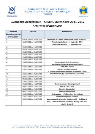 CALENDRIER ACADÉMIQUE – ANNÉE UNIVERSITAIRE 2011-2012
                                           SEMESTRE D’AUTOMNE
    Semaines                          Période                                                  Événements
d’enseignement et
   d’évaluation
---                      05/09/2011 au 10/09/2011                   Démarrage de l’année Universitaire : Lundi 05/09/2011
S1                       12/09/2011 au 17/09/2011                        Accueil des étudiants : 14 Septembre 2011
                                                                         Démarrage des cours : 15 Septembre 2011
S2                       19/09/2011 au 24/09/2011
S3                       26/09/2011 au 01/10/2011
S4                       03/10/2011 au 08/10/2011
S5                       10/10/2011 au 15/10/2011
S6                       17/10/2011 au 22/10/2011
S7                       24/10/2011 au 29/10/2011
S8 -                     31/10/2011 au 05/11/2011                               Démarrage des Contrôles continus 1
                                                                            Marche verte- Dimanche 06 novembre (1jours)
---                      07/11/2011 au 12/11/2011                                       Aid Al Adha (7 jours)
S9                       14/11/2011 au 19/11/2011                                    Final des contrôles continus 1
                                                                      et Fête de l’Indépendance- Vendredi 18 Novembre (1jour)
S10                      21/11/2011 au 26/11/2011                         Fatih Moharram (1j) – vers Dimanche 27 novembre
S11                      28/11/2011 au 03/12/2011
S12                      05/12/2011 au 10/12/2011
S13                      12/12/2011 au 17/12/2011
S14                      19/12/2011 au 24/12/2011                              Dernière semaine d’enseignement
---                      26/12/2011 au 31/12/2011                                     Jour de l’an (1 jour)
S15                      02/01/2012 au 07/01/2012                                    Semaine d’évaluation
S16                      09/01/2012 au 14/01/2012                                    Semaine d’évaluation
S17                      16/01/2012 au 21/01/2012                          Rattrapages + Délibérations des modules
---                      23/01/2012 au 28/01/2012                                Délibérations finales Automne
---                      30/01/2012 au 04/02/2012                   Vacances de Fin de session d’Automne (8j – du 23 au 30
                                                                    janv.) – Fête Du Maoulid Annabaoui Acharif : vers le 03
                                                                                        février (2 jours)




         Faculté des Sciences et Techniques de Tanger. Ancienne Route de l’Aéroport, Km 10, Ziaten. BP : 416. Tanger – Maroc
        Tél. : +212 (0) 5 39 39 39 54 | Fax : +212 (0) 5 39 39 39 53 | E-mail : doyen@fstt.ac.ma | Site web : http://www.fstt.ac.ma
 