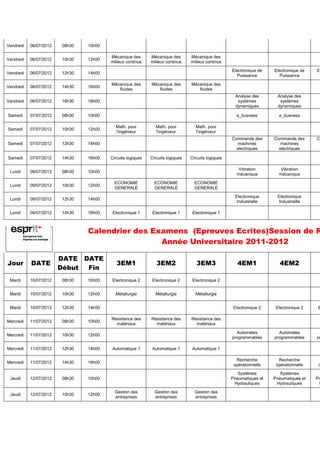 Vendredi   06/07/2012   08h30   10h00

                                        Mécanique des       Mécanique des       Mécanique des
Vendredi   06/07/2012   10h30   12h00
                                        milieux continus    milieux continus    milieux continus

                                                                                                    Electronique de   Electronique de   El
Vendredi   06/07/2012   12h30   14h00
                                                                                                      Puissance         Puissance

                                        Mécanique des       Mécanique des       Mécanique des
Vendredi   06/07/2012   14h30   16h00
                                           fluides             fluides             fluides
                                                                                                      Analyse des       Analyse des
Vendredi   06/07/2012   16h30   18h00                                                                  systémes          systémes
                                                                                                      dynamiques        dynamiques

Samedi     07/07/2012   08h30   10h00                                                                 e_busness         e_busness

                                          Math. pour          Math. pour          Math. pour
Samedi     07/07/2012   10h30   12h00
                                          l'ingénieur         l'ingénieur         l'ingénieur
                                                                                                    Commande des      Commande des      Co
Samedi     07/07/2012   12h30   14h00                                                                 machines          machines
                                                                                                      electriques       electriques

Samedi     07/07/2012   14h30   16h00   Circuits logiques   Circuits logiques   Circuits logiques

                                                                                                       Vibration         Vibration
 Lundi     09/07/2012   08h30   10h00
                                                                                                      mécanique         mécanique

                                          ECONOMIE            ECONOMIE            ECONOMIE
 Lundi     09/07/2012   10h30   12h00
                                          GENERALE            GENERALE            GENERALE

                                                                                                     Electronique      Electronique      E
 Lundi     09/07/2012   12h30   14h00
                                                                                                      Industrielle      Industrielle

 Lundi     09/07/2012   14h30   16h00    Electronique 1      Electronique 1      Electronique 1



                                Calendrier des Examens (Epreuves Ecrites)Session de R
                                                 Année Universitaire 2011-2012

                        DATE DATE
Jour       DATE                            3EM1                3EM2                3EM3                4EM1              4EM2
                        Début Fin
 Mardi     10/07/2012   08h30   10h00    Electronique 2      Electronique 2      Electronique 2


 Mardi     10/07/2012   10h30   12h00     Métallurgie         Métallurgie         Métallurgie


 Mardi     10/07/2012   12h30   14h00                                                                Electronique 2    Electronique 2   E

                                        Résistance des      Résistance des      Résistance des
Mercredi   11/07/2012   08h30   10h00
                                          matériaux           matériaux           matériaux

                                                                                                      Automates         Automates
Mercredi   11/07/2012   10h30   12h00
                                                                                                    programmables     programmables     pr

Mercredi   11/07/2012   12h30   14h00    Automatique 1       Automatique 1       Automatique 1

                                                                                                      Recherche         Recherche
Mercredi   11/07/2012   14h30   16h00
                                                                                                     opérationnelle    opérationnelle   o

                                                                                                       Systèmes          Systèmes
 Jeudi     12/07/2012   08h30   10h00                                                               Pneumatiques et   Pneumatiques et   Pn
                                                                                                     Hydrauliques      Hydrauliques      H
                                          Gestion des         Gestion des         Gestion des
 Jeudi     12/07/2012   10h30   12h00
                                          entreprises         entreprises         entreprises
 