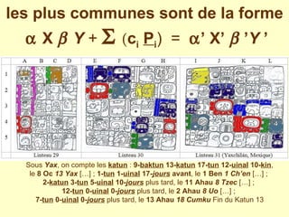 les plus communes sont de la forme    X   Y   +      c i   P i )   =    ’ X’     ’ Y  ’ Sous  Yax , on compte les  katun  :  9- baktun  13- katun  17- tun  12- uinal  10- kin , le  8 Oc  13 Yax  […] ;  1- tun  1- uinal  17- jours  avant , le  1 Ben  1 Ch’en  […] ;  2- katun  3- tun  5- uinal  10- jours  plus tard, le  11 Ahau  8 Tzec  […] ;  12- tun   0- uinal  0- jours  plus tard, le  2 Ahau  8 Uo  […] ;  7- tun  0- uinal  0- jours  plus tard, le  13 Ahau  18 Cumku  Fin du Katun 13 