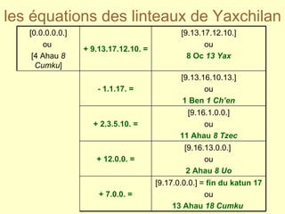 les équations des linteaux de Yaxchilan [9.17.0.0.0.] =  fin du katun 17 ou 13 Ahau  18 Cumku   + 7.0.0. = [9.16.13.0.0.]  ou 2 Ahau  8 Uo + 12.0.0. = [9.16.1.0.0.] ou 11 Ahau  8 Tzec + 2.3.5.10. = [9.13.16.10.13.] ou 1 Ben  1 Ch’en - 1.1.17. = [9.13.17.12.10.] ou 8 Oc  13 Yax + 9.13.17.12.10. = [0.0.0.0.0.] ou  [4 Ahau  8 Cumku ] 