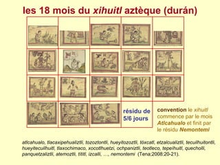 les 18 mois du  xihuitl  aztèque (dur á n) atlcahualo, tlacaxipehualiztli, tozoztontli, hueyitozoztli, tóxcatl, etzalcualiztli, tecuilhuitontli, hueyitecuilhuitl, tlaxochimaco, xocotlhuetzi, ochpaniztli, teotleco, tepeíhuitl, quecholli, panquetzaliztli, atemoztli, títitl, izcalli, …,  nemontemi   (Tena;2008:20-21).  convention   le  xihuitl  commence par le mois  Atlcahualo  et finit par le résidu  Nemontemi   résidu de 5/6 jours 