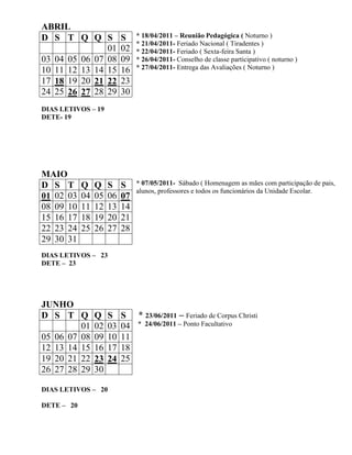ABRIL
D S T Q Q S                S    * 18/04/2011 – Reunião Pedagógica ( Noturno )
                                * 21/04/2011- Feriado Nacional ( Tiradentes )
               01          02   * 22/04/2011- Feriado ( Sexta-feira Santa )
03 04 05 06 07 08          09   * 26/04/2011- Conselho de classe participativo ( noturno )
10 11 12 13 14 15          16   * 27/04/2011- Entrega das Avaliações ( Noturno )

17 18 19 20 21 22          23
24 25 26 27 28 29          30
DIAS LETIVOS – 19
DETE- 19




MAIO
D S T       Q    Q    S    S    * 07/05/2011- Sábado ( Homenagem as mães com participação de pais,
                                alunos, professores e todos os funcionários da Unidade Escolar.
01 02 03    04   05   06   07
08 09 10    11   12   13   14
15 16 17    18   19   20   21
22 23 24    25   26   27   28
29 30 31
DIAS LETIVOS – 23
DETE – 23




JUNHO
D S T Q          Q    S    S * 23/06/2011 – Feriado de Corpus Christi
         01      02   03   04 * 24/06/2011 – Ponto Facultativo
05 06 07 08      09   10   11
12 13 14 15      16   17   18
19 20 21 22      23   24   25
26 27 28 29      30

DIAS LETIVOS – 20

DETE – 20
 
