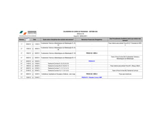 CALENDÁRIO DO CURSO DE PEDAGOGIA - SISTEMA EAD
                                                                                                     MÓDULO 05
                                                                                              Grupo 82 - MARÇO/2011
                                                                                                                                                Qual Procedimento Acadêmico tenho que realizar esta
Semana                  Data            Quais aulas e disciplinas devo estudar esta semana?               Momentos Presenciais Obrigatórios
                                                                                                                                                                    semana?
                                     Fundamentos Teóricos e Metodológicos da Alfabetização 01, 02,                                            Prazo máximo para solicitar Prova N3 (2.ª Chamada) do MÓD.
  1.º    05/02/12   a     11/02/12                                                                                        -
                                                                 03                                                                                                         4
                                     Fundamentos Teóricos e Metodológicos da Alfabetização 04, 05,
  2.º    12/02/12   a     18/02/12                                                                                        -                                                -
                                                                 06

  3.º    19/02/12   a     25/02/12   Fundamentos Teóricos e Metodológicos da Alfabetização 07, 08                 PROVA N3 - MÓD.4                                         -

                                                                                                                                                  Fazer a Prova On-line (N2) Fundamentos Teóricos e
  4.º    26/02/12   a     03/03/12   Fundamentos Teóricos e Metodológicos da Alfabetização 09, 10                         -
                                                                                                                                                            Metodológicos da Alfabetização
  5.º    04/03/12   a     10/03/12                                  -                                                 PROVA N1                                             -
  6.º    11/03/12   a     17/03/12               Teorias de Currículo 01, 02, 03, 04, 05                                  -                                                -
  7.º    18/03/12   a     24/03/12               Teorias de Currículo 06, 07, 08, 09, 10                                  -                      Prazo máximo para solicitar Prova N4 - (Recup.) Mód.4
  8.º    25/03/12   a     31/03/12               Teorias de Currículo 11, 12, 13, 14, 15                                  -                                                -
  9.º    01/04/12   a     07/04/12               Teorias de Currículo 16, 17, 18, 19, 20                                  -                         Fazer a Prova On-line (N2) Teorias de Currículo

 10.º    08/04/12   a     14/04/12   Conferência: Qualidade em Educação a Distância - Jairo Jorge                 PROVA N4 - MÓD.4                              Prazo para rematrícula

 11.º    15/04/12   a     21/04/12                                  -                                      PROVA N1 + Receber Livros e VMP                                 -
 