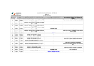 CALENDÁRIO DO CURSO DE PEDAGOGIA - SISTEMA EAD
                                                                                                     MÓDULO 10
                                                                                              Grupo 82 - MARÇO/2011
                                                                                                                                                Qual Procedimento Acadêmico tenho que realizar esta
Semana                  Data            Quais aulas e disciplinas devo estudar esta semana?               Momentos Presenciais Obrigatórios
                                                                                                                                                                    semana?
                                     Fundamentos Teóricos e Práticos do Ensino de Ciências 01, 02,                                            Prazo máximo para solicitar Prova N3 (2.ª Chamada) do MÓD.
  1.º    02/06/13   a     08/06/13                                                                                        -
                                                         03, 04, 05, 06, 07                                                                                                 9
                                     Fundamentos Teóricos e Práticos do Ensino de Ciências 08, 09,
  2.º    09/06/13   a     15/06/13                                                                                        -                                                 -
                                                         10, 11, 12, 13, 14
                                     Fundamentos Teóricos e Práticos do Ensino de Ciências 15, 16,
  3.º    16/06/13   a     22/06/13                                                                                        -                                                 -
                                                         17, 18, 19, 20, 21
                                     Fundamentos Teóricos e Práticos do Ensino de Ciências 22, 23,
  4.º    23/06/13   a     29/06/13                                                                                PROVA N3 - MÓD.9                                          -
                                                         24, 25, 26, 27, 28
                                     Fundamentos Teóricos e Práticos do Ensino de Ciências 29, 30,                                            Fazer a Prova On-line (N2) Fundamentos Teóricos e Práticos do
  5.º    30/06/13   a     06/07/13                                                                                        -
                                                         31, 32, 33, 34, 35                                                                                         Ensino de Ciências
  6.º    07/07/13   a     13/07/13                                 -                                                  PROVA N1                                              -
  7.º    14/07/13   a     20/07/13           Educação, Corpo e Movimento 01, 02, 03, 04                                   -                                                 -
  8.º    21/07/13   a     27/07/13           Educação, Corpo e Movimento 05, 06, 07, 08                                   -                                                 -
 9.º     28/07/13   a     03/08/13           Educação, Corpo e Movimento 09, 10, 11, 12                                   -                                                 -
 10.º    04/08/13   a     10/08/13           Educação, Corpo e Movimento 13, 14, 15, 16                                   -                     Fazer a Prova On-line (N2) Educação, Corpo e Movimento

 11.º    11/08/13   a     17/08/13     Intervenção e Aprendizagem: Adolescência 01,02,03,04,05                            -                                                 -

                                                                                                                                                   Fazer Prova On-Line Intervenção e Aprendizagem:
 12.º    18/08/13   a     24/08/13     Intervenção e Aprendizagem: Adolescência 06,07,08,09,10                            -                   Adolescência/ Prazo máximo para solicitar Prova N4 - (Recup.)
                                                                                                                                                                        Mód.9
 13.º    25/08/13   a     31/08/13            Dimensões da Não-Aprendizagem 01, 02, 03                                    -                                                 -
 14.º    01/09/13   a     07/09/13            Dimensões da Não-Aprendizagem 04, 05, 06                                    -                      Fazer a Prova On-line (N2) Dimensões da Não-Aprendiz.
                                       Conferência: O que sabemos e o que não sabemos sobre o
 15.º    08/09/13   a     14/09/13                                                                                PROVA N4 - MÓD.9                               Prazo para rematrícula
                                                       Universo - Marcelo Gleiser
 16.º    15/09/13   a     21/09/13                                 -                                       PROVA N1 + Receber Livros e VMP                                  -
 