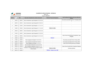 CALENDÁRIO DO CURSO DE PEDAGOGIA - SISTEMA EAD
                                                                                                     MÓDULO 06
                                                                                                Grupo 82 - MARÇO/2011
                                                                                                                                                  Qual Procedimento Acadêmico tenho que realizar esta
Semana                  Data           Quais aulas e disciplinas devo estudar esta semana?                  Momentos Presenciais Obrigatórios
                                                                                                                                                                      semana?
                                                                                                                                                Prazo máximo para solicitar Prova N3 (2.ª Chamada) do MÓD.
  1.º    22/04/12   a     28/04/12   Área do Conhecimento: Língua Portuguesa 01, 02, 03, 04, 05                             -
                                                                                                                                                                              5

  2.º    29/04/12   a     05/05/12   Área do Conhecimento: Língua Portuguesa 06, 07, 08, 09, 10                             -                                                -


  3.º    06/05/12   a     12/05/12   Área do Conhecimento: Língua Portuguesa 11, 12, 13, 14, 15                             -                                                -


  4.º    13/05/12   a     19/05/12   Área do Conhecimento: Língua Portuguesa 16, 17, 18, 19, 20                    PROVA N3 - MÓD.5                                          -


  5.º    20/05/12   a     26/05/12   Área do Conhecimento: Língua Portuguesa 21, 22, 23, 24, 25                             -                                                -


  6.º    27/05/12   a     02/06/12   Área do Conhecimento: Língua Portuguesa 26, 27, 28, 29, 30                             -                                                -

                                                                                                                                                 Fazer a Prova On-line (N2) Área do Conhecimento: Língua
  7.º    03/06/12   a     09/06/12   Área do Conhecimento: Língua Portuguesa 31, 32, 33, 34, 35                             -
                                                                                                                                                                        Portuguesa
  8.º    10/06/12   a     16/06/12                                -                                                     PROVA N1                                             -

  9.º    17/06/12   a     23/06/12       Novas Linguagens em Educação 01, 02, 03, 04, 05                                    -                      Prazo máximo para solicitar Prova N4 - (Recup.) Mód.5

 10.º    24/06/12   a     30/06/12       Novas Linguagens em Educação 06, 07, 08, 09, 10                                    -                      Prazo máximo para solicitar Prova N4 - (Recup.) Mód.5
 11.º    01/07/12   a     07/07/12         Novas Linguagens em Educação 11, 12, 13, 14                                      -                       Fazer a Prova On-line (N2) Novas Ling. em Educação
 12.º    08/07/12   a     14/07/12      Arte e Formação de Professores 01, 02, 03, 04, 05, 06                               -                                                -
 13.º    15/07/12   a     21/07/12      Arte e Formação de Professores 07, 08, 09, 10, 11, 12                               -                    Fazer a Prova On-line (N2) Arte e Formação de Professores
                                     Conferência: Construindo a escola com saberes e prazeres -
 14.º    22/07/12   a     28/07/12                                                                                 PROVA N4 - MÓD.5                               Prazo para rematrícula
                                                         Sandra Cornelsen
 15.º    29/07/12   a     04/08/12                                -                                         PROVA N1 + Receber Livros e VMP                                  -
 