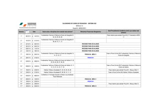 CALENDÁRIO DO CURSO DE PEDAGOGIA - SISTEMA EAD
                                                                                                       MÓDULO 12
                                                                                                  Grupo 82 - MARÇO/2011
                                                                                                                                                    Qual Procedimento Acadêmico tenho que realizar esta
Semana                  Data            Quais aulas e disciplinas devo estudar esta semana?                   Momentos Presenciais Obrigatórios
                                                                                                                                                                        semana?
                                     Fundamentos Teóricos e Práticos do Ensino de Geografia 01,                                                   Prazo máximo para solicitar Prova N3 (2.ª Chamada) do MÓD.
  1.º    08/12/13   a     14/12/13                                                                                            -
                                                        02, 03, 04, 05, 06                                                                                                     11
                                     Fundamentos Teóricos e Práticos do Ensino de Geografia 07,
  2.º    15/12/13   a     21/12/13                                                                                            -                                                  -
                                                        08, 09, 10, 11, 12
  3.º    22/12/13   a     28/12/13                                                                              RECESSO PARA OS ALUNOS
  4.º    29/12/13   a     04/01/14                                                                              RECESSO PARA OS ALUNOS
  5.º    05/01/14   a     11/01/14                                                                              RECESSO PARA OS ALUNOS
  6.º    12/01/14   a     18/01/14                                                                              RECESSO PARA OS ALUNOS
                                     Fundamentos Teóricos e Práticos do Ensino de Geografia 13,                                                   Fazer a Prova On-line (N2) Fundamentos Teóricos e Práticos do
  7.º    19/01/14   a     25/01/14                                                                                   PROVA N3 - MÓD.11
                                                          14, 15, 16, 17                                                                                               Ensino de Geografia
  8.º    26/01/14   a     01/02/14                                  -                                                     PROVA N1                                               -
                                     Fundamentos Teóricos e Práticos do Ensino de História 01, 02,
  9.º    02/02/14   a     08/02/14                                                                                            -                                                  -
                                                     03, 04, 05, 06, 07, 08, 09

                                     Fundamentos Teóricos e Práticos do Ensino de História 10, 11,                                                Fazer a Prova On-line (N2) Fundamentos Teóricos e Práticos do
 10.º    09/02/14   a     15/02/14                                                                                            -
                                                     12, 13, 14, 15, 16, 17, 18                                                                                          Ensino de História
 11.º    16/02/14   a     22/02/14        História, Política e Sociedade 01, 02, 03, 04, 05, 06                               -                      Prazo máximo para solicitar Prova N4 - (Recup.) Mód.11
 12.º    23/02/14   a     01/03/14        História, Política e Sociedade 07, 08, 09, 10, 11, 12                               -                      Fazer a Prova On-line (N2) História, Política e Sociedade
                                     Conferência: A Formação Docente no Brasil e sua Amplitude -
 13.º    02/03/14   a     08/03/14                                                                                            -                                                  -
                                                          Paulo Nathanael
 14.º    09/03/14   a     15/03/14                                  -                                                PROVA N4 - MÓD.11                                           -
 15.º    16/03/14   a     22/03/14                                  -                                                     PROVA N1                                               -
 16.º    23/03/14   a     29/03/14                                  -                                                         -                      Prazo máximo para solicitar Prova N4 - (Recup.) Mód.12
 17.º    30/03/14   a     05/04/14                                  -                                                PROVA N4 - MÓD.12                                           -
 
