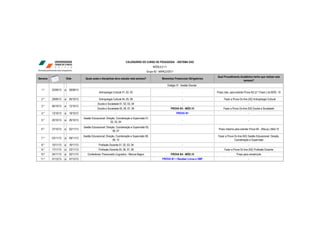 CALENDÁRIO DO CURSO DE PEDAGOGIA - SISTEMA EAD
                                                                                                   MÓDULO 11
                                                                                              Grupo 82 - MARÇO/2011
                                                                                                                                              Qual Procedimento Acadêmico tenho que realizar esta
Semana                  Data           Quais aulas e disciplinas devo estudar esta semana?                Momentos Presenciais Obrigatórios
                                                                                                                                                                  semana?
                                                                                                               Estágio III - Gestão Escolar
  1.º    22/09/13   a     28/09/13
                                                  Antropologia Cultural 01, 02, 03                                          -                 Prazo máx. para solicitar Prova N3 (2.ª Cham.) do MÓD. 10

  2.º    29/09/13   a     05/10/13                Antropologia Cultural 04, 05, 06                                          -                       Fazer a Prova On-line (A2) Antropologia Cultural
                                                 Escola e Sociedade 01, 02, 03, 04                                          -                                             -
  3.º    06/10/13   a     12/10/13
                                                 Escola e Sociedade 05, 06, 07, 08                                PROVA N3 - MÓD.10                Fazer a Prova On-line (N2) Escola e Sociedade
  4.º    13/10/13   a     19/10/13                               -                                                     PROVA N1                                           -
                                     Gestão Educacional: Direção, Coordenação e Supervisão 01,
  5.º    20/10/13   a     26/10/13                                                                                          -                                             -
                                                             02, 03, 04
                                     Gestão Educacional: Direção, Coordenação e Supervisão 05,
  6.º    27/10/13   a     02/11/13                                                                                                             Prazo máximo para solicitar Prova N4 - (Recup.) Mód.10
                                                              06, 07
                                     Gestão Educacional: Direção, Coordenação e Supervisão 08,                                                 Fazer a Prova On-line (N2) Gestão Educacional: Direção,
  7.º    03/11/13   a     09/11/13
                                                               09, 10                                                                                        Coordenação e Supervisão
  8.º    10/11/13   a     16/11/13                Profissão Docente 01, 02, 03, 04                                          -                                             -
  9.º    17/11/13   a     23/11/13                Profissão Docente 05, 06, 07, 08                                          -                       Fazer a Prova On-line (N2) Profissão Docente
 10.º    24/11/13   a     30/11/13      Conferência: Preconceito Linguistico - Marcos Bagno                       PROVA N4 - MÓD.10                            Prazo para rematrícula
 11.º    01/12/13   a     07/12/13                               -                                        PROVA N1 + Receber Livros e VMP                                 -
 