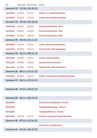 Dia Hora Início Hora Término Evento
Semana 32 - 12.10 a 18.10.15
12/10/2015 00:00:00 23:59:59 Feriado - N. S. Aparecida (2a feira)
15/10/2015 00:00:00 23:59:59 Feriado - Dia do Professor (5a feira)
Semana 33 - 19.10 a 25.10.15
21/10/2015 08:00:00 18:00:00 Encontros Universitários - 2015
22/10/2015 08:00:00 18:00:00 Encontros Universitários - 2015
23/10/2015 08:00:00 18:00:00 Encontros Universitários - 2015
Semana 34 - 26.10 a 01.11.15
28/10/2015 00:00:00 23:59:59 Feriado - Dia do Servidor (4a feira)
01/11/2015 00:00:00 23:59:59 Primeiro Corte: Folha de Novembro
Semana 35 - 02.11 a 08.11.15
02/11/2015 08:00:00 23:59:59 Feriado - Finados (2a feira)
07/11/2015 08:00:00 12:00:00 Reunião Geral de Novembro
08/11/2015 00:00:00 23:59:59 Segundo Corte: Folha de Novembro
Semana 36 - 09.11 a 15.11.15
15/11/2015 08:00:00 23:59:59 Feriado - Proclamação da República (Domingo)
Semana 37 - 16.11 a 22.11.15
Semana 38 - 23.11 a 29.11.15
Semana 39 - 30.11 a 06.12.15
06/12/2015 Encontros de Célula/Projetos - Término
06/12/2015 Formações/Capacitações - Término
06/12/2015 Interações/Memoriais - Término
06/12/2015 00:00:00 23:59:59 Primeiro e Único Corte: Folha de Dezembro
Semana 40 - 07.12 a 13.12.15
Semana Livre - Período de AF's
Semana 41 - 14.12 a 20.12.15
 