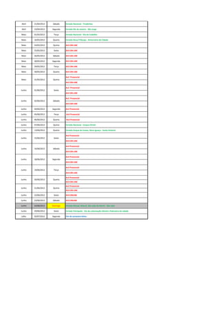 Abril   21/04/2012   Sábado    Feriado Nacional - Tiradentes

Abril   23/04/2012   Segunda   Feriado Rio de Janeiro - São Jorge

Maio    01/05/2012    Terça    Feriado Nacional - Dia do trabalho

Maio    16/05/2012   Quarta    Feriado Nova Friburgo - Aniversário da Cidade

Maio    24/05/2012   Quinta    AV2 ON LINE

Maio    25/05/2012    Sexta    AV2 ON LINE

Maio    26/05/2012   Sábado    AV2 ON LINE

Maio    28/05/2012   Segunda   AV2 ON LINE

Maio    29/05/2012    Terça    AV2 ON LINE

Maio    30/05/2012   Quarta    AV2 ON LINE

                               Av2 Presencial
Maio    31/05/2012   Quinta
                               AV2 ON LINE

                               Av2 Presencial
Junho   01/06/2012    Sexta
                               AV2 ON LINE

                               Av2 Presencial
Junho   02/06/2012   Sábado
                               AV2 ON LINE

Junho   04/06/2012   Segunda   Av2 Presencial

Junho   05/06/2012    Terça    Av2 Presencial

Junho   06/06/2012   Quarta    Av2 Presencial

Junho   07/06/2012   Quinta    Feriado Nacional - Corpus Christi

Junho   13/06/2012   Quarta    Feriado Duque de Caxias, Nova Iguaçu - Santo Antonio

                               Av3 Presencial
Junho   15/06/2012    Sexta
                               AV3 ON LINE

                               Av3 Presencial
Junho   16/06/2012   Sábado
                               AV3 ON LINE

                               Av3 Presencial
Junho   18/06/2012   Segunda
                               AV3 ON LINE

                               Av3 Presencial
Junho   19/06/2012    Terça
                               AV3 ON LINE

                               Av3 Presencial
Junho   20/06/2012   Quarta
                               AV3 ON LINE
                               Av3 Presencial
Junho   21/06/2012   Quinta
                               AV3 ON LINE

Junho   22/06/2012    Sexta    AV3 ONLINE

Junho   23/06/2012   Sábado    AV3 ONLINE

Junho   24/06/2012   Domingo   Feriado Macaé, Niterói, São João de Meriti - São João

Junho   29/06/2012    Sexta    Feriado Petrópolis - Dia da colonização Alemã e Padroeiro da cidade.

Julho   02/07/2012   Segunda   Fim do semestre letivo
 