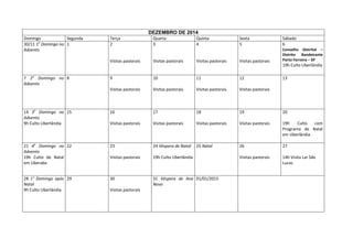 DEZEMBRO DE 2014
Domingo
Segunda
o
30/11 1 Domingo no 1
Advento

Terça
2

Quarta
3

Quinta
4

Sexta
5

Sábado
6

Visitas pastorais

Visitas pastorais

Visitas pastorais

Visitas pastorais

Conselho Distrital –
Distrito Bandeirante
Porto Ferreira – SP

9

10

11

12

13

Visitas pastorais

Visitas pastorais

Visitas pastorais

Visitas pastorais

14 3o Domingo no 15
Advento
9h Culto Uberlândia

16

17

18

19

20

Visitas pastorais

Visitas pastorais

Visitas pastorais

Visitas pastorais

19h
Culto
com
Programa de Natal
em Uberlândia

21 4o Domingo no 22
Advento
19h Culto de Natal
em Uberaba

23

24 Véspera de Natal

25 Natal

26

27

Visitas pastorais

19h Culto Uberlândia

Visitas pastorais

14h Visita Lar São
Lucas

28 1° Domingo após 29
Natal
9h Culto Uberlândia

30

31 Véspera de Ano 01/01/2015
Novo

7 2o Domingo no 8
Advento

Visitas pastorais

19h Culto Uberlândia

 