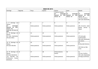 MAIO DE 2014
Domingo

Segunda

Terça

Quarta

Quinta
1 Dia do Trabalho

Sexta
2

Sábado
3

61°
Convenção 61°
Convenção 61°
Convenção
Nacional da IELB. Nacional da IELB. Nacional da IELB.
Aracruz - ES
Aracruz - ES
Aracruz - ES

17h Inst. Confirm.
19h Culto Uberlândia
4 3o Domingo de 5
Páscoa

6

7

8

9

10

61°
Convenção
Nacional da IELB.
Aracruz – ES
Culto dos 110 anos da
IELB

Visitas pastorais

Visitas pastorais

Visitas pastorais

Visitas pastorais

19h Encontro sobre
família (servas e
leigos)

11 4º Domingo de 12
Páscoa
9h Culto Uberlândia
(Dia das mães)

13

14

15

16

17

Visitas pastorais

Visitas pastorais

Visitas pastorais

Visitas pastorais

18 5º Domingo de 19
Páscoa
9h Culto Uberaba

20

21

22

23

17h Instrução
Confirmandos
19h Culto Uberlândia
21h Jovens
24
8h Reunião Diretoria

Visitas pastorais

Visitas pastorais

Visitas pastorais

Visitas pastorais
14h Visita Lar São
Lucas

25 6º Domingo de 26
Páscoa
9h Culto Uberlândia
11h Reunião de
Professores Escola
Dominical

27

28

29 Ascensão do
Senhor

30

Visitas pastorais

Visitas pastorais

Visitas pastorais

Visitas pastorais

31
17h Inst. Confirm.
19h Culto Uberlândia
(entrega sacolinhas)

 