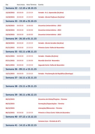 Dia Hora Início Hora Término Evento
Semana 32 - 12.10 a 18.10.15
12/10/2015 00:00:00 23:59:59 Feriado - N. S. Aparecida (2a feira)
15/10/2015 00:00:00 23:59:59 Feriado - Dia do Professor (5a feira)
Semana 33 - 19.10 a 25.10.15
21/10/2015 08:00:00 18:00:00 Encontros Universitários - 2015
22/10/2015 08:00:00 18:00:00 Encontros Universitários - 2015
23/10/2015 08:00:00 18:00:00 Encontros Universitários - 2015
Semana 34 - 26.10 a 01.11.15
28/10/2015 00:00:00 23:59:59 Feriado - Dia do Servidor (4a feira)
01/11/2015 00:00:00 23:59:59 Primeiro Corte: Folha de Novembro
Semana 35 - 02.11 a 08.11.15
02/11/2015 08:00:00 23:59:59 Feriado - Finados (2a feira)
07/11/2015 08:00:00 12:00:00 Reunião Geral de Novembro
08/11/2015 00:00:00 23:59:59 Segundo Corte: Folha de Novembro
Semana 36 - 09.11 a 15.11.15
15/11/2015 08:00:00 23:59:59 Feriado - Proclamação da República (Domingo)
Semana 37 - 16.11 a 22.11.15
Semana 38 - 23.11 a 29.11.15
Semana 39 - 30.11 a 06.12.15
06/12/2015 Encontros de Célula/Projetos - Término
06/12/2015 Formações/Capacitações - Término
06/12/2015 Interações/Memoriais - Término
06/12/2015 00:00:00 23:59:59 Primeiro e Único Corte: Folha de Dezembro
Semana 40 - 07.12 a 13.12.15
Semana Livre - Período de AF's
Semana 41 - 14.12 a 20.12.15
 
