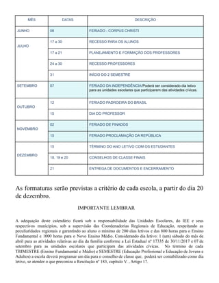 MÊS DATAS DESCRIÇÃO
JUNHO 08 FERIADO - CORPUS CHRISTI
JULHO
17 a 30 RECESSO PARA OS ALUNOS
17 a 21 PLANEJAMENTO E FORMAÇÃO DOS PROFESSORES
24 a 30 RECESSO PROFESSORES
31 INÍCIO DO 2 SEMESTRE
SETEMBRO 07 FERIADO DA INDEPENDÊNCIA/Poderá ser considerado dia letivo
para as unidades escolares que participarem das atividades cívicas.
OUTUBRO
12 FERIADO PADROEIRA DO BRASIL
15 DIA DO PROFESSOR
NOVEMBRO
02 FERIADO DE FINADOS
15 FERIADO PROCLAMAÇÃO DA REPÚBLICA
DEZEMBRO
15 TÉRMINO DO ANO LETIVO COM OS ESTUDANTES
18, 19 e 20 CONSELHOS DE CLASSE FINAIS
21 ENTREGA DE DOCUMENTOS E ENCERRAMENTO
As formaturas serão previstas a critério de cada escola, a partir do dia 20
de dezembro.
IMPORTANTE LEMBRAR
A adequação deste calendário ficará sob a responsabilidade das Unidades Escolares, do IEE e seus
respectivos municípios, sob a supervisão das Coordenadorias Regionais de Educação, respeitando as
peculiaridades regionais e garantindo ao aluno o mínimo de 200 dias letivos e das 800 horas para o Ensino
Fundamental e 1000 horas para o Novo Ensino Médio. Considerando dia letivo: 1 (um) sábado do mês de
abril para as atividades relativas ao dia da família conforme a Lei Estadual nº 17335 de 30/11/2017 e 07 de
setembro para as unidades escolares que participam das atividades cívicas. No término de cada
TRIMESTRE (Ensino Fundamental e Médio) e SEMESTRE (Educação Profissional e Educação de Jovens e
Adultos) a escola deverá programar um dia para o conselho de classe que, poderá ser contabilizado como dia
letivo, se atender o que preconiza a Resolução nº 183, capítulo V. , Artigo 17.
 
