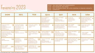 1 2 3
5 6 7 8 9 10
4
12 13 14
11
26 27 28
SEG TER QUA QUI SEX SÁB
DOM
15 16 17 18
19 20 21 22 23 24 25
Fevereiro 2023
F A L E S O B R E A
C O L E Ç Ã O
E S C O L A R ( C O M O
E N C O M E N D A R ,
P R A Z O S , E T C )
C O M O G U A R D A R
O L A Ç O D A S U A
P R I N C E S A
D I C A S D E L A Ç O S
Q U E N Ã O P O D E M
F A L T A R N A
C O L E Ç Ã O D A S U A
P R I N C E S A
F O T O D E C L I E N T E
U S A N D O S E U
L A Ç O
D I C A S D E
P E N T E A D O S
F Á C E I S P A R A
E S C O L A
P O S T E U M M E M E
S O B R E
M A T E R N I D A D E
( A B U S E D O R E E L S )
S I G N I F I C A D O D E U M
N O M E D E M E N I N A
( F A Ç A E S S E T I P O D E
P O S T S T O D A
S E M A N A )
DICA PARA O LAÇO NÃO
ESCORREGAR (PRENDA
COM BORRACHINHA DE
SILICONE PRIMEIRO E
APÓS COLOQUE O LAÇO).
POST COM SEUS
HORÁRIOS DE
ATENDIMENTO
S I G N I F I C A D O D E U M
N O M E D E M E N I N A
( F A Ç A E S S E T I P O D E
P O S T S T O D A
S E M A N A )
D I C A S D E F I L M E S
P A R A V E R E M
F A M Í L I A
P O S T S O B R E
G R A V I D E Z -
F R A S E / C U I D A D O S
D U E L O :
E S S E O U A Q U E L E ?
P O S T E S O B R E O
D I A I N T E R . D E
L U T A C O N T R A O
C Â N C E R I N F A N T I L
POST UM
CARROSSEL COM 5
MODELOS DE LAÇOS
PARA RN (FAIXINHA
E LAÇO DE COLAR)
P O S T S O B R E
G R A V I D E Z -
F R A S E / C U I D A D O S
P O S T E U M M E M E
S O B R E
M A T E R N I D A D E
( A B U S E D O R E E L S )
M O S T R E O
C U I D A D O A O
E M B A L A R O S
P E D I D O S
C A R N A V A L
Q U A L É A S U A
A N I M A Ç Ã O P A R A
O C A R N A V A L ? U S E
T E M P L A T E M O O D
SIGNIFICADO DE UM
NOME DE MENINA
(FAÇA ESSE TIPO DE
POSTS TODA
SEMANA)
D I A M U N D I A L D O
A M O R - P O S T E O
Q U E M V O C Ê M A I S
A M A
P O S T E U M M E M E
S O B R E
M A T E R N I D A D E
( A B U S E D O R E E L S )
F R A S E
M A T E R N I D A D E
F A Ç A U M P O S T
S O B R E A
I M P O R T Â N C I A D E
F A Z E R A
M A M O G R A F I A
P O S T S O B R E
G R A V I D E Z -
F R A S E / C U I D A D O S
F O T O D E C L I E N T E
U S A N D O S E U
L A Ç O
D I F E R E N Ç A E N T R E
B I C O D E P A T O
S E M I E N C A P A D O E
T O D O E N C A P A D O .
C A R R O S S E L O U
R E E L S C O M O S
P E D I D O S D O M Ê S
05/02 - DIA NACIONAL DA MAMOGRAFIA
14/02 - DIA MUNDIAL DO AMOR
15/02 - DIA INTERNACIONAL DE LUTA CONTRA O CÂNCER INFANTIL
21/02 - CARNAVAL
Licensed to Maria Rejane da Silva - daniellessrodrigues@gmail.com - HP154616727729617
 