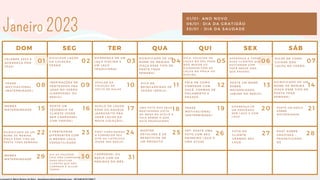 01 02
SEG TER QUA QUI SEX SÁB
DOM
Janeiro 2023
03 04 05 06 07
08 09 10 11 12 13 14
15 16 17 18 19 20 21
22 23 24 26 27 28
29 30
25
31
01/01- ANO NOVO
06/01- DIA DA GRATIDÃO
30/01 - DIA DA SAUDADE
C E L E B R E 2 0 2 3 E
A G R A D E Ç A P O R
2 0 2 2 !
D I F E R E N Ç A D E U M
L A Ç O P I S C I N A X
U M L A Ç O
T R A D I C I O N A L
AGRADEÇA A TODAS
SUAS CLIENTES QUE
ESTIVERAM COM
VOCÊ NESSE ANO
QUE PASSOU,
DIA DA SAUDADE:
CRIE UMA CAMPANHA
PARA REATIVAR
CLIENTES QUE NÃO
COMPRAM A ALGUM
TEMPO;
D I V U L G U E L A Ç O S
D A C O L E Ç Ã O
V E R Ã O
DICA: COLOCAR OS
LAÇOS NO SOL PARA
NÃO MOFAR OU
CUIDADOS COM OS
LAÇOS NA PRAIA OU
PISCINA
P O S T E U M M E M E
S O B R E
M A T E R N I D A D E
( A B U S E D O R E E L S )
F R A S E
M O T I V A C I O N A L
( M A T E R N I N A D E )
D I C A D E
B R I N C A D E I R A S D E
V E R Ã O ( R E E L S )
I N S P I R A Ç Õ E S D E
P E N T E A D O S P R A
U S A R N O V E R Ã O
( C A R R O S S E L O U
R E E L S )
M O S T R E
D E T A L H E S E O S
B E N E F Í C I O S D E
U M P R O D U T O
F A L E D E C O M O
C O M P R A R C O M
V O C Ê , F O R M A S D E
P A G A M E N T O E
P R A Z O S .
S I G N I F I C A D O D E U M
N O M E D E M E N I N A
( F A Ç A E S S E T I P O D E
P O S T S T O D A
S E M A N A )
M E M E S
M A T E R N I N D A D E
P O S T E U M
F E E D B A C K D E
C L I E N T E ( P O D E
S E R C A R R O S S E L
C O M V Á R I O S )
D U E L O D E L A Ç O S :
E S S E O U A Q U E L E
) A P R O V E I T E P R A
U S A R L A Ç O S D A
N O V A C O L E Ç Ã O )
UMA FOTO DOS SEUS
BASTIDORES (FOTO
DA MESA DO ATELIÊ E
FALE SOBRE O QUE
ESTÁ PRODUZINDO
POSTE UM REELS
SOBRE
MATERNIDADE
SPOILER DA
COLEÇÃO DE
VOLTA ÀS AULAS
DIFERENÇA DE
UM PENTEADO
SEM LAÇO X COM
LAÇO.
SIGNIFICADO DE UM
NOME DE MENINA
(FAÇA ESSE TIPO DE
POSTS TODA SEMANA)
M E M E S
M A T E R N I N D A D E
F R A S E
M O T I V A C I O N A L
( M A T E R N I N A D E )
3 P E N T E A D O S
D I F E R E N T E S C O M
O M E S M O L A Ç O .
V E R S A T I L I D A D E .
POST CONVIDANDO
A CONHECER SEU
SITE OU CATÁLOGO
(PODE SER REELS)
D I C A S D E C O M O
C U I D A R D O S
L A Ç O S N O V E R Ã O
T B T : P O S T E U M A
F O T O C O M S E U
P R I M E I R O L A Ç O E
U M A A T U A L
F O T O D E
C L I E N T E
U S A N D O S E U
L A Ç O
C A R R O S S E L O U
R E E L S C O M O S
P E D I D O S D O M Ê S
S I G N I F I C A D O D E U M
N O M E D E M E N I N A
( F A Ç A E S S E T I P O D E
P O S T S T O D A
S E M A N A )
P O S T S O B R E
G R A V I D E Z -
F R A S E / C U I D A D
O S
Licensed to Maria Rejane da Silva - daniellessrodrigues@gmail.com - HP154616727729617
 