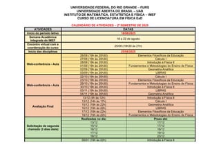 Calendário do segundo semestre de Licenciatura em Física | PDF