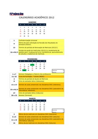 CALENDÁRIO ACADÊMICO 2012

                          JANEIRO
              D    S     T      Q     Q    S       S


              1    2     3       4    5    6       7

              8    9     10    11     12   13      14
             15    16    17    18     19   20      21

             22    23    24    25     26   27      28

             29    30    31




    1       Confraternização Universal
            Último dia para solicitação de Revisão dos Resultados do
    9
            semestre anterior.

   13       Término do período de Renovação de Matrícula (2012/1)

          Período de ajuste de matrículas (2012/1) e recebimento de
16 a 04/2 pedidos para: mudança de turno, transferência, aproveitamento
          de estudos e reabertura de matrícula.


                        FEVEREIRO
              D    S     T      Q     Q    S       S

                                 1    2    3       4
              5    6     7       8    9    10      11
             12    13    14    15     16   17      18
             19    20    21    22     23   24      25
             26    27    28    29                           veteranos     13
                                                            calouros          3

  1a7       Semana Pedagógica e Retorno dos professores
 6 a 10     Curso de Formação - Tutores (NEAD)
    4       Término do período de Ajuste de Matrícula
    8       Início do semestre letivo (Veteranos)

 13 a 17    Semana de aulas presenciais nas disciplinas EAD (veteranos)

            Semana de aulas presenciais nas disciplinas EAD (Laboratório de
23 a 02/3
            Informática/ veteranos)
   27       Início do semestre letivo (Calouros)
 20 a 22    Recesso (Carnaval)

                              MARÇO
              D    S     T      Q     Q    S       S

                                      1    2       3
              4    5     6       7    8    9       10
             11    12    13    14     15   16      17
             18    19    20    21     22   23      24
             25    26    27    28     29   30      31       veteranos     23

                                                            calouros      25

    2       Último dia de matrícula em disciplinas EAD (Veteranos)
  5a9       Semana de aulas presenciais nas disciplinas EAD (calouros)
            Semana de aulas presenciais nas disciplinas EAD (Laboratório de
 12 a 16
            Informática/ calouros)
   16       Último dia de matrícula em disciplinas EAD (Calouros)
 
