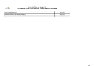 CAMPUS VITÓRIA DA CONQUISTA
CALENDÁRIO ACADÊMICO ANO CIVIL 2023 - CURSOS DE NÍVEL SUBSEQUENTE
Término do semestre letivo 2023.2 09/12/2023
Último dia para registros de notas no SUAP Turmas 2023.1 04/07/2023
Último dia para registros de notas no SUAP Turmas 2023.2 23/12/2023
03.23
 