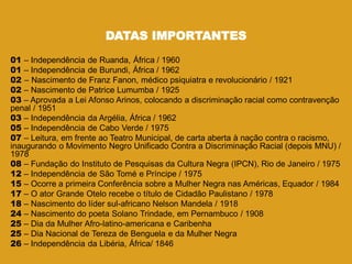 DATAS IMPORTANTES
01 – Independência de Ruanda, África / 1960
01 – Independência de Burundi, África / 1962
02 – Nascimento de Franz Fanon, médico psiquiatra e revolucionário / 1921
02 – Nascimento de Patrice Lumumba / 1925
03 – Aprovada a Lei Afonso Arinos, colocando a discriminação racial como contravenção
penal / 1951
03 – Independência da Argélia, África / 1962
05 – Independência de Cabo Verde / 1975
07 – Leitura, em frente ao Teatro Municipal, de carta aberta à nação contra o racismo,
inaugurando o Movimento Negro Unificado Contra a Discriminação Racial (depois MNU) /
1978
08 – Fundação do Instituto de Pesquisas da Cultura Negra (IPCN), Rio de Janeiro / 1975
12 – Independência de São Tomé e Príncipe / 1975
15 – Ocorre a primeira Conferência sobre a Mulher Negra nas Américas, Equador / 1984
17 – O ator Grande Otelo recebe o título de Cidadão Paulistano / 1978
18 – Nascimento do líder sul-africano Nelson Mandela / 1918
24 – Nascimento do poeta Solano Trindade, em Pernambuco / 1908
25 – Dia da Mulher Afro-latino-americana e Caribenha
25 – Dia Nacional de Tereza de Benguela e da Mulher Negra
26 – Independência da Libéria, África/ 1846
 