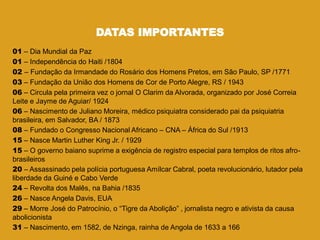 DATAS IMPORTANTES
01 – Dia Mundial da Paz
01 – Independência do Haiti /1804
02 – Fundação da Irmandade do Rosário dos Homens Pretos, em São Paulo, SP /1771
03 – Fundação da União dos Homens de Cor de Porto Alegre, RS / 1943
06 – Circula pela primeira vez o jornal O Clarim da Alvorada, organizado por José Correia
Leite e Jayme de Aguiar/ 1924
06 – Nascimento de Juliano Moreira, médico psiquiatra considerado pai da psiquiatria
brasileira, em Salvador, BA / 1873
08 – Fundado o Congresso Nacional Africano – CNA – África do Sul /1913
15 – Nasce Martin Luther King Jr. / 1929
15 – O governo baiano suprime a exigência de registro especial para templos de ritos afro-
brasileiros
20 – Assassinado pela polícia portuguesa Amílcar Cabral, poeta revolucionário, lutador pela
liberdade da Guiné e Cabo Verde
24 – Revolta dos Malês, na Bahia /1835
26 – Nasce Angela Davis, EUA
29 – Morre José do Patrocínio, o ―Tigre da Abolição‖ , jornalista negro e ativista da causa
abolicionista
31 – Nascimento, em 1582, de Nzinga, rainha de Angola de 1633 a 166
 