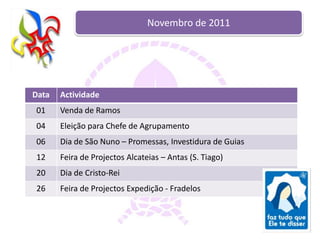 Novembro de 2011




Data   Actividade
01     Venda de Ramos
04     Eleição para Chefe de Agrupamento
06     Dia de São Nuno – Promessas, Investidura de Guias
12     Feira de Projectos Alcateias – Antas (S. Tiago)
20     Dia de Cristo-Rei
26     Feira de Projectos Expedição - Fradelos
 