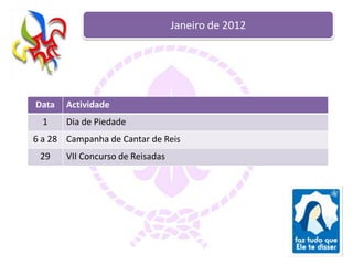 Janeiro de 2012




Data   Actividade
  1    Dia de Piedade
6 a 28 Campanha de Cantar de Reis
 29    VII Concurso de Reisadas
 
