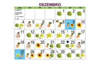 DEZEMBRO
DOM SEG TER QUA QUI SEX SÁB
6 – Dia Nacional da
Extensão Rural
9 – Aniversário do
Município de Dom
Feliciano
21 – Verão (18h48min)
25 - Natal
1 2 3
4
← 15h→
5 6
← 06h→
7 8 9
← 14h→
10
11 12 13
← 03h→
14 15 16
← 03h→
17
18 19 20 21
← 10h→
22 23
← 00h→
24
25
← 02h→
26
← 22h→
27 28
← 03h→
29 30 31
← 21h→
 