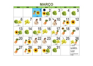 MARÇO
DOM SEG TER QUA QUI SEX SÁB
1
← 11h→
2
← 17h→
3 4 5
6
← 11h→
7 8 9 10 11
← 14h→
12
13
← 09h→
14 15
← 01h→
16 17
← 19h→
18 19
20 21
← 03h→
22 23 24
← 13h→
25 26
← 20h→
27 28
← 19h→
29 30
← 01h→
31
1 – Carnaval
14 – Fundação da
EMATER/RS (1977)
20 – Outono
(12h33min)
22 – Dia Internacional
da Água
 
