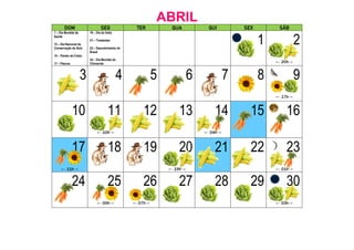 ABRIL
DOM SEG TER QUA QUI SEX SÁB
7 – Dia Mundial da
Saúde
15 – Dia Nacional da
Conservação do Solo
15 – Paixão de Cristo
17 – Páscoa
19 – Dia do Índio
21 – Tiradentes
22 – Descobrimento do
Brasil
24 – Dia Mundial do
Chimarrão
1 2
← 20h→
3 4 5 6 7 8 9
← 17h→
10 11
← 10h→
12 13 14
← 04h→
15 16
17
← 11h→
18 19 20
← 19h→
21 22 23
← 01h→
24 25
← 00h→
26
← 07h→
27 28 29 30
← 03h→
 